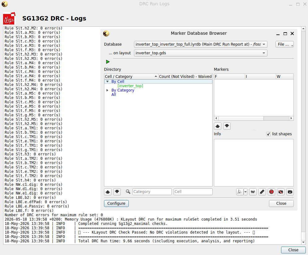 KLayout DRC output windows.