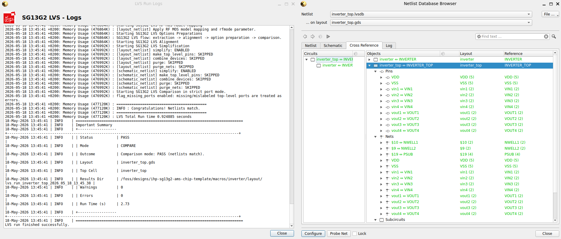 KLayout LVS output windows.